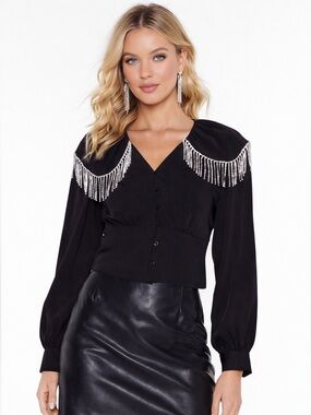 Stunning Nastygal Rhinestone Fringe V-Neck Western Glam Blouse 💎